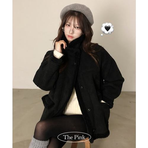 더핑크 / 브온 루즈핏 하이넥 양털 퍼 절개 무스탕 하프 코트