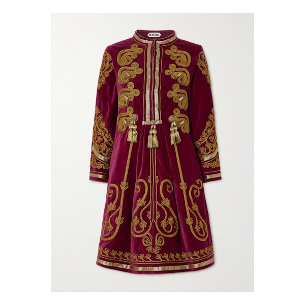 보디 로터멜 시어터 태슬 아플리케 코튼 벨벳 미니 드레스 버건디 1647597311240898