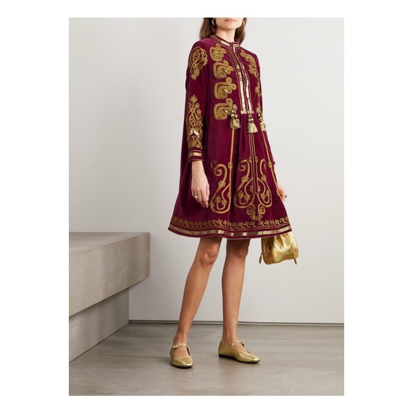 보디 로터멜 시어터 태슬 아플리케 코튼 벨벳 미니 드레스 버건디 1647597311240898