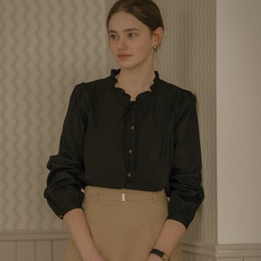 틸아이다이 [2차-S-4/8예약배송]Neck frill ribbon cotton blouse_Black