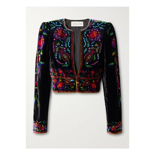 살로니 비카 크롭 비즈 프린트 벨벳 재킷 블랙 46376663162908486
