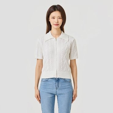 JAJU 여 카라 케이블 반팔 집업 가디건_아이보리