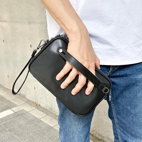 [옷자락] 남성용 가죽 캐주얼 지퍼 크로스백 블랙 클러치