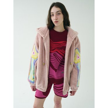 미미카위 MUSH APPLIQUE FUR HOODIE ZIP UP/PINK