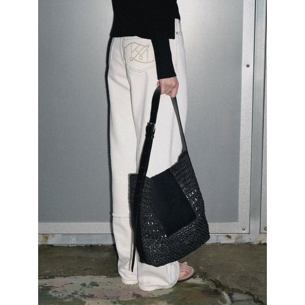 Raffia Shoulder Bag, Black