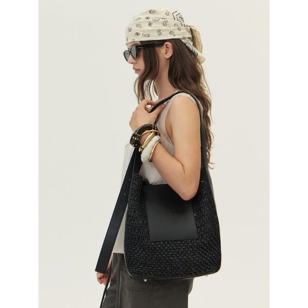 Raffia Shoulder Bag, Black