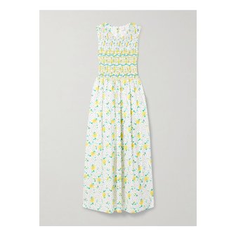 LORETTA CAPONI 로레타 카포니 지오이아 스모킹 프린트 코튼 보일 미디 드레스 화이트 1647597360503526