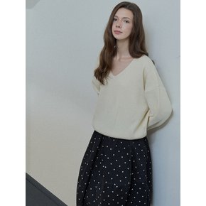 V-neck Oversized Knit Pullover - CREAM