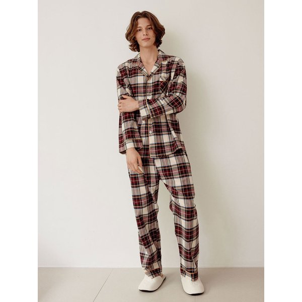 남성 발렌타인체크 긴소매 카라 투피스 잠옷