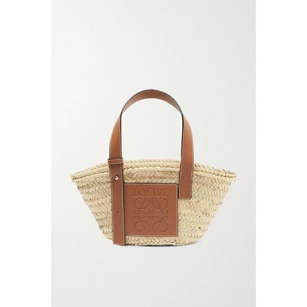 스몰 가죽 트리밍 우븐 라피아 토트 탠 브라운 17428787259094954