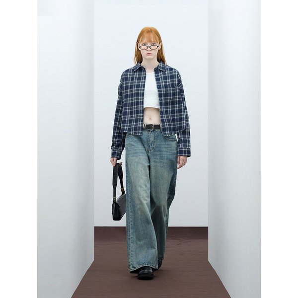 85-VIVA097 퓨즈 크롭 긴팔 체크 셔츠 네이비