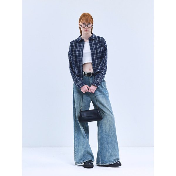 85-VIVA097 퓨즈 크롭 긴팔 체크 셔츠 네이비