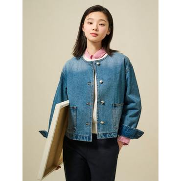빈폴레이디스 25SS 코튼 데님 라운드넥 트러커 재킷 - 블루 BF5239C03P