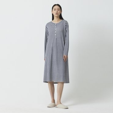 JAJU 여 보드라운 피치스킨 긴팔 파자마 원피스(DARK NAVY / LIGHT PINK)