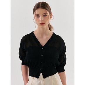 V-NECK LINEN HALF MESH CARDIGAN BLACK