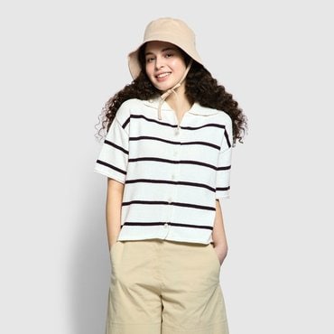 JAJU 여 부클 스트라이프 카라 가디건    J115204101
