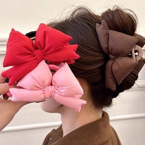 귀여운 푹신 볼륨 패딩 왕리본 클립 집게 핀 올림머리 반묶음 긴머리 반머리 겨울 패션 헤어 삔