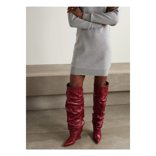 텍스처 가죽 오버 더 니 부츠 버건디 46376663162902089