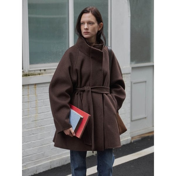핸드메이드 캐시미어 소매 퍼프 하프 코트 (Brown)