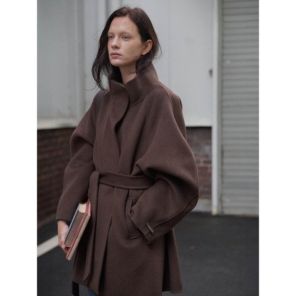 핸드메이드 캐시미어 소매 퍼프 하프 코트 (Brown)