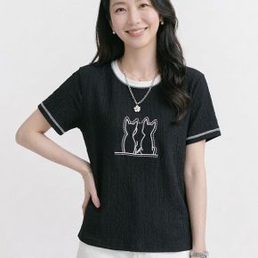 NT3274 여성 고양이 프린팅 배색 라운드넥 반팔 티셔츠