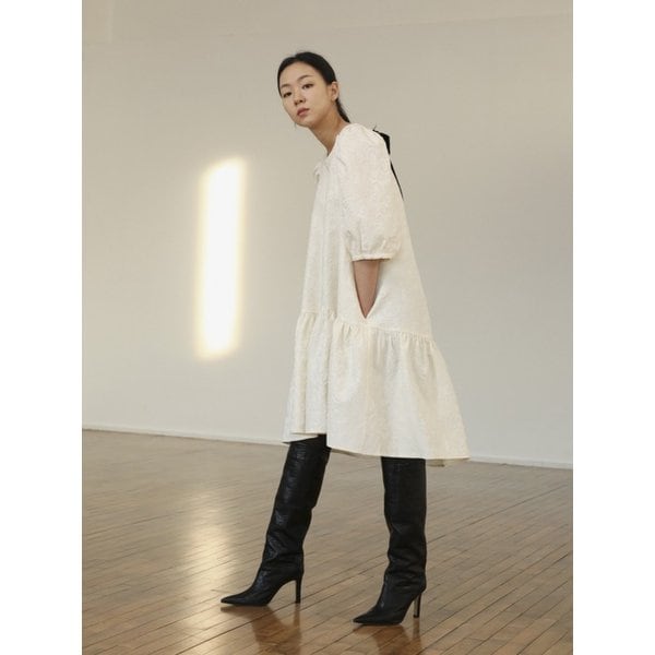 jacquard tiered high-low dress with black ribbon