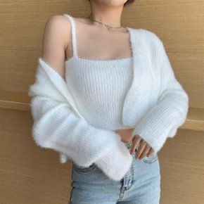 앙고라 가디건 나시 세트 여성 볼레로 크롭 루즈핏 라운드 겨울