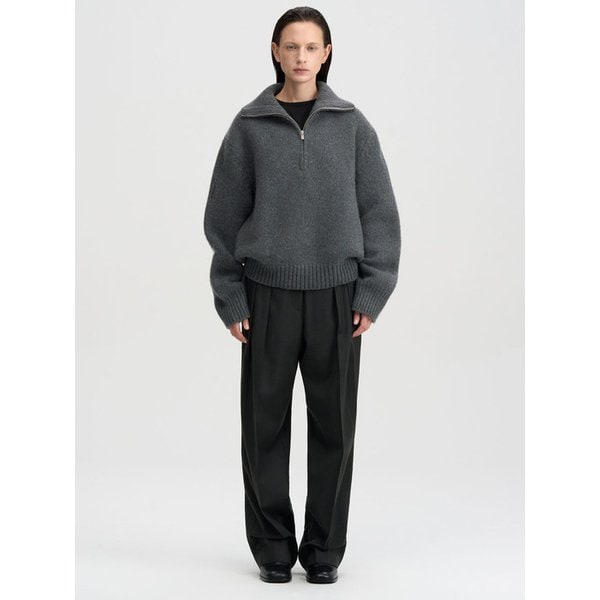 울 프론트 플리츠 트라우저 - 차콜