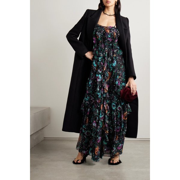 콜레트 러플 플로럴 프린트 필 쿠페 실크 시폰 가운 블랙 1647597325621171