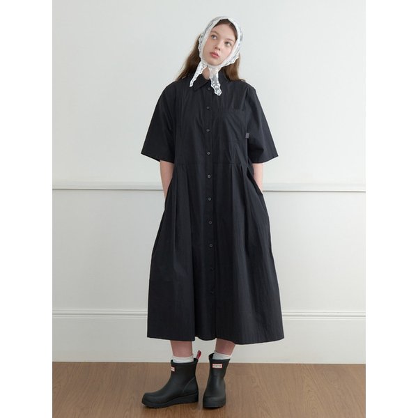 Pintuck Long Shirt Dress - black