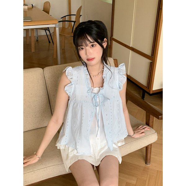 Eyelet Ribbon Layered Blouse 2colors