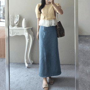 러빗 버튼 슬릿 데님 롱 앞트임 하이웨스트 고퀄 데일리 스커트_P423056996