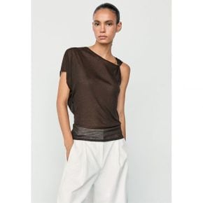 Massimo Dutti 마시모 두띠 비대칭 유동 드롭 소매 탑 - 프린트 티셔츠 다크 브라운 8070673