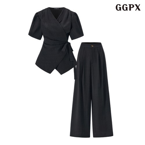 GGPX 랩스타일 V넥 블라우스 롱 팬츠 셋업 (GQBOW003D)