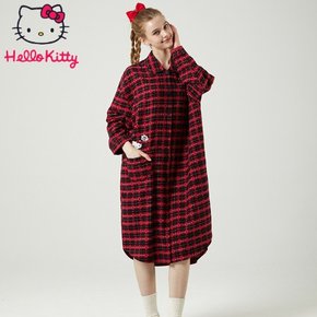 산리오 정품 헬로키티 프리미엄 홈웨어 긴소매 긴팔 카라 체크 기모자수 원피스 HK-4557