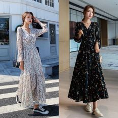  여성 예쁜 꽃무늬 패턴 브이넥 디자인 긴팔 롱 원피스 여성치마