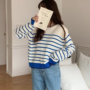 양두 단가라 스트라이프 라운드 긴팔 니트