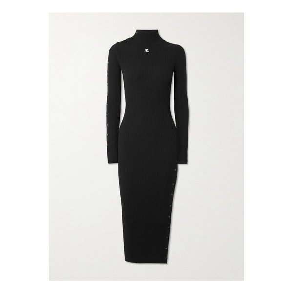쿠레쥬 자수 골지 니트 미디 터틀넥 드레스 블랙 46376663162955810
