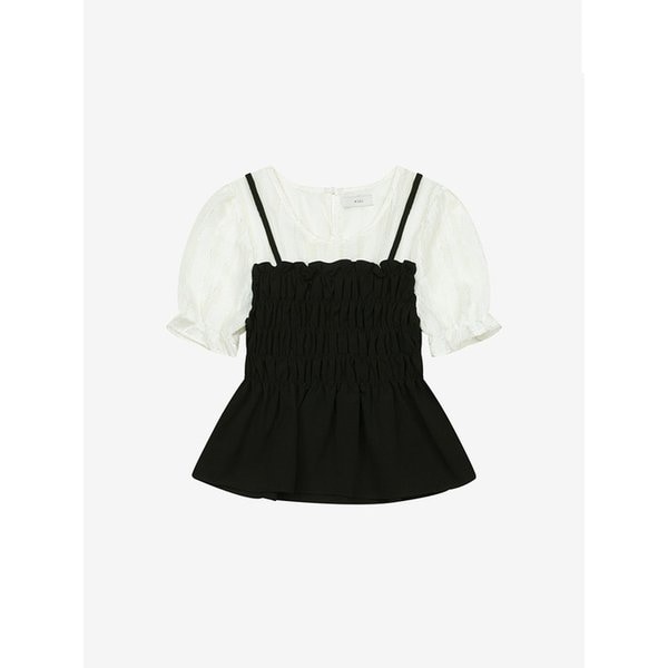 뷔스티에 배색 반팔 블라우스 (TKBAE2451)