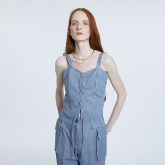 뮤제 PRINTEMPS Washed Denim Eyelet Bustier Top_Navy