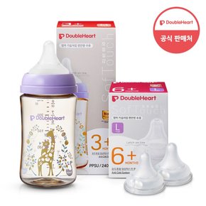 모유실감 3세대 PPSU 젖병 싱글 240ml  블루밍가든 (젖꼭지M포함) +3세대 젖꼭지 2입x1개 (L)