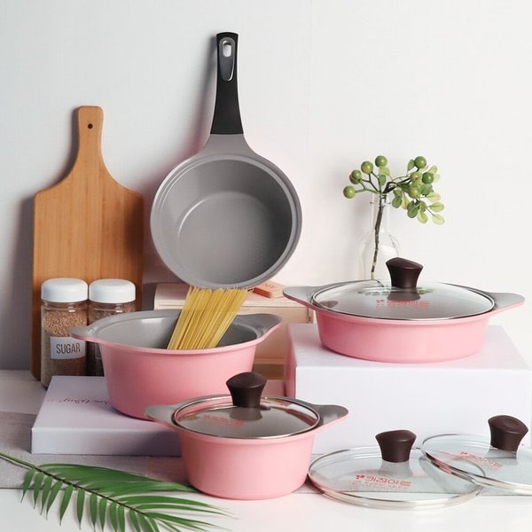 줄리엣 베이비핑크 세라믹냄비 4종+실리콘 손잡이세트