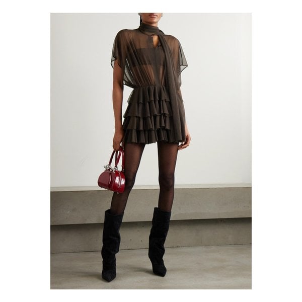 노마카말리 로렌 타이넥 러플 스트레치 메쉬 미니 원피스 1647597356015617