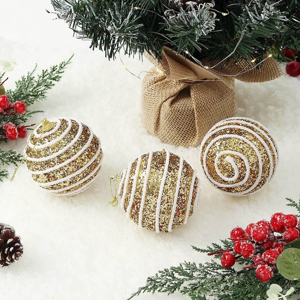 로열골드 글리터 장식볼 3p세트(8cm) (화이트로프)