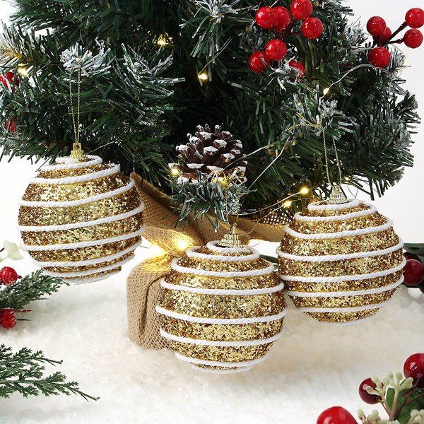 로열골드 글리터 장식볼 3p세트(8cm) (화이트로프)