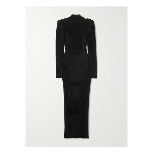 버튼 장식 오픈 백 브러시드 니트 미디 드레스 블랙 46376663162910922