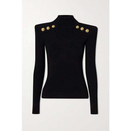 발망 Button-embellished Ribbed-knit Turtleneck Sweater 블랙