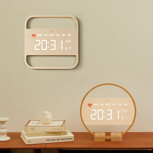 우드 LED 벽시계 디지털 탁상 벽걸이 무소음 인테리어 전자 거실 온습도 시계