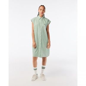 4656114 Lacoste Sleeveless Loose Fit Striped Poplin Dress - WHITE/ASH TREE