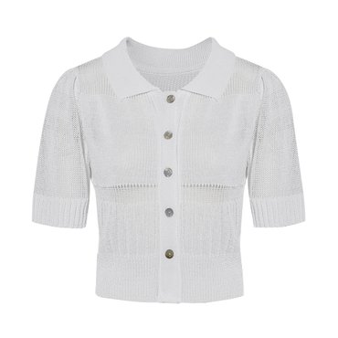 JJ지고트 펀칭 크롭 배색 버튼 니트 GP7N1CD701